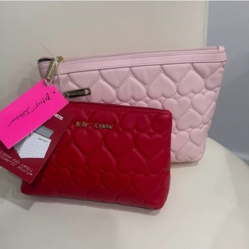 Betsey Johnson Pink and Red Heart Quilted Cosmetic Bag Set